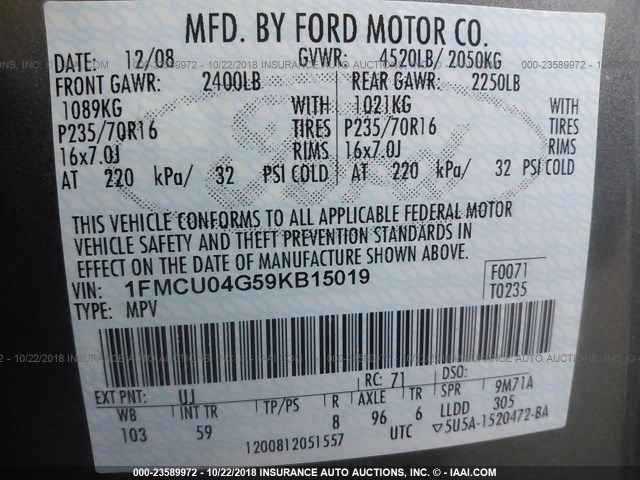 1FMCU04G59KB15019 - 2009 FORD ESCAPE LIMITED GRAY photo 9