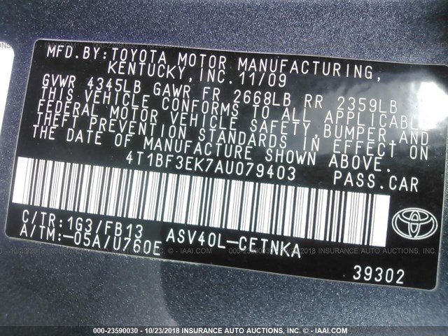 4T1BF3EK7AU079403 - 2010 TOYOTA CAMRY SE/LE/XLE GRAY photo 9