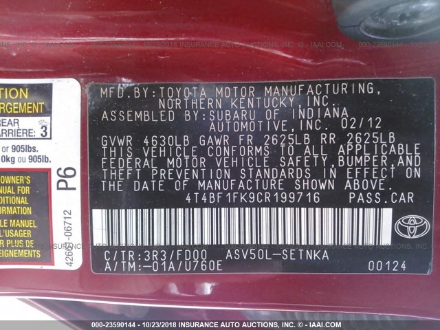 4T4BF1FK9CR199716 - 2012 TOYOTA CAMRY SE/LE/XLE წითელი ფოტო 9