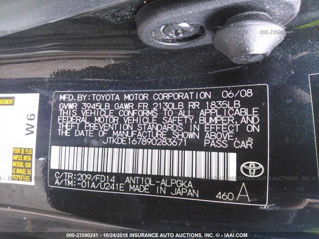 JTKDE167890283671 - 2009 TOYOTA SCION TC 黑色 照片 9