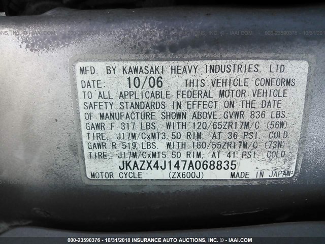 JKAZX4J147A068835 - 2007 KAWASAKI ZX600 J1 GRAY photo 10