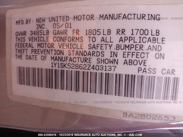 1Y1SK52862Z403137 - 2002 CHEVROLET GEO PRIZM LSI 棕色 照片 9