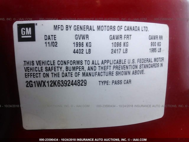 2G1WX12K639244829 - 2003 CHEVROLET MONTE CARLO SS წითელი ფოტო 9