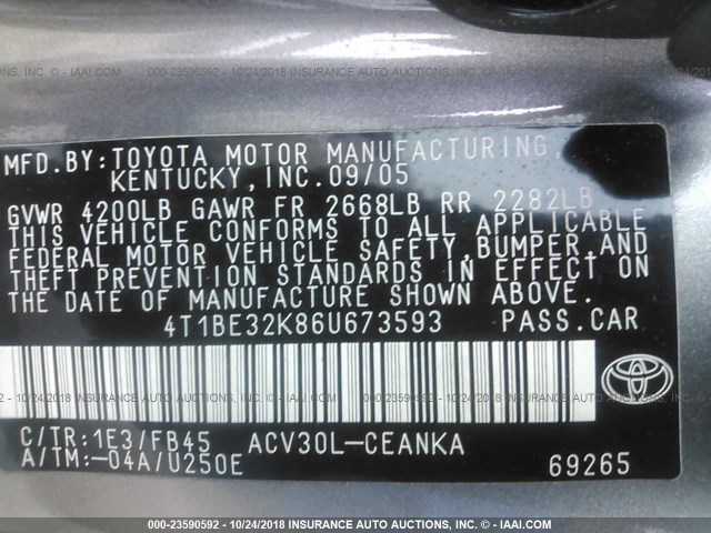 4T1BE32K86U673593 - 2006 TOYOTA CAMRY LE/XLE/SE BROWN photo 9