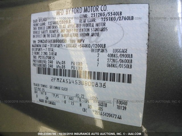 2FMZA51453BB00838 - 2003 FORD WINDSTAR LX GRAY photo 9