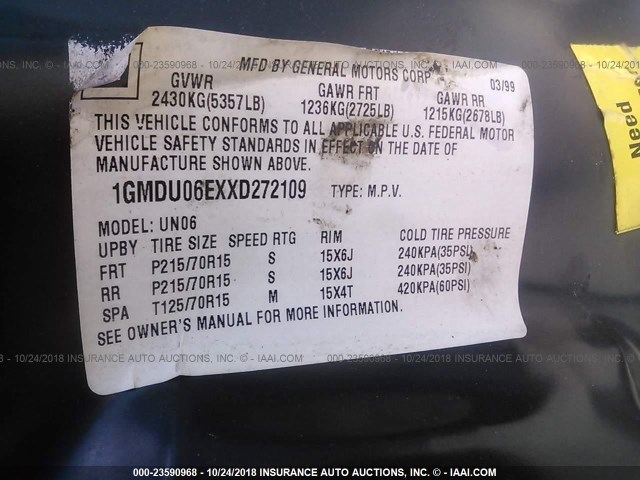 1GMDU06EXXD272109 - 1999 PONTIAC MONTANA / TRANS S  TEAL photo 9