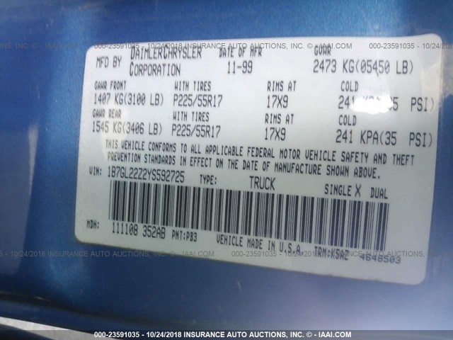 1B7GL22Z2YS592725 - 2000 DODGE DAKOTA BLUE photo 9