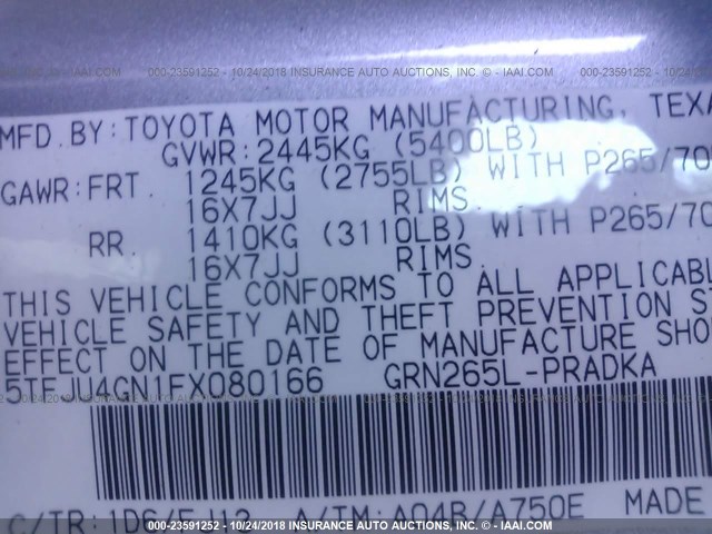 5TFJU4GN1FX080166 - 2015 TOYOTA TACOMA DOUBLE CAB PRERUNNER GRAY photo 9