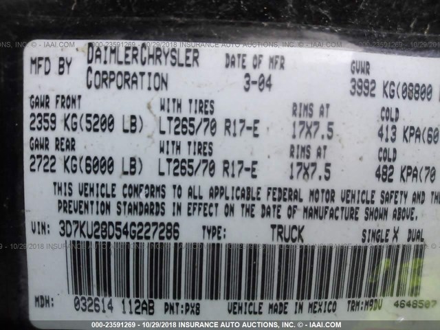 3D7KU28D54G227286 - 2004 DODGE RAM 2500 ST/SLT 黑色 照片 9