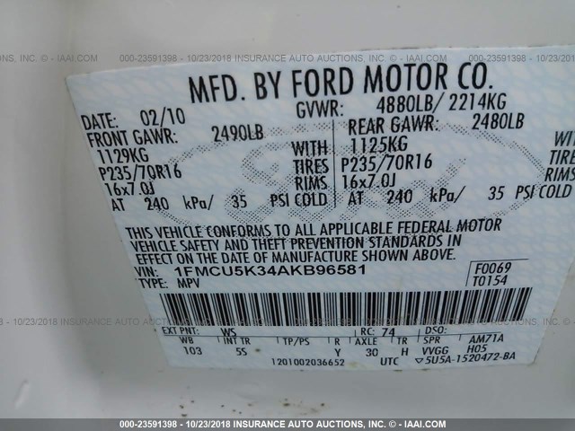 1FMCU5K34AKB96581 - 2010 FORD ESCAPE HYBRID TURQUOISE photo 9