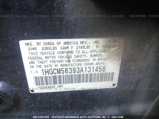 1HGCM56393A131458 - 2003 HONDA ACCORD LX Dark Blue photo 9