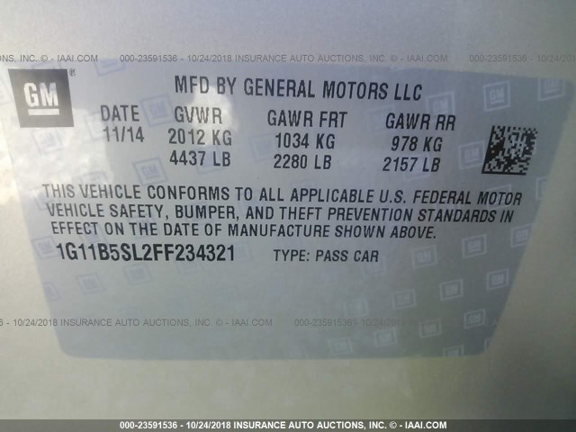 1G11B5SL2FF234321 - 2015 CHEVROLET MALIBU LS თაფლისფერი ფოტო 9