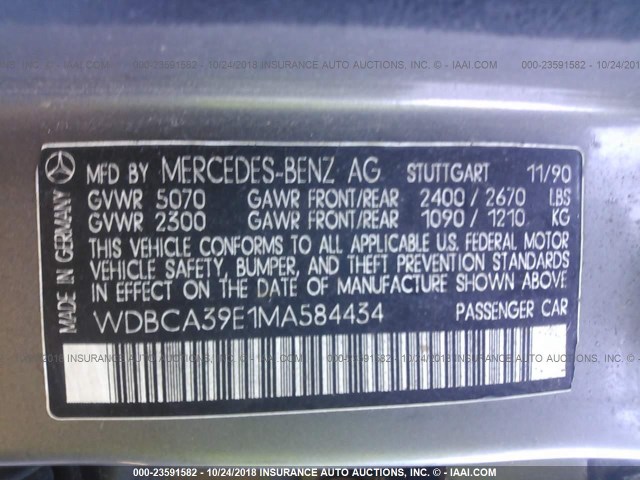 WDBCA39E1MA584434 - 1991 MERCEDES-BENZ 560 SEL GRAY photo 9