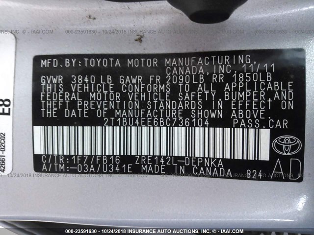 2T1BU4EE6BC736104 - 2011 TOYOTA COROLLA S/LE SILVER photo 9