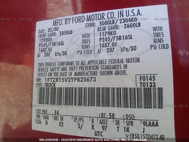 1FTZR15V2YPB25673 - 2000 FORD RANGER SUPER CAB 红色 照片 9