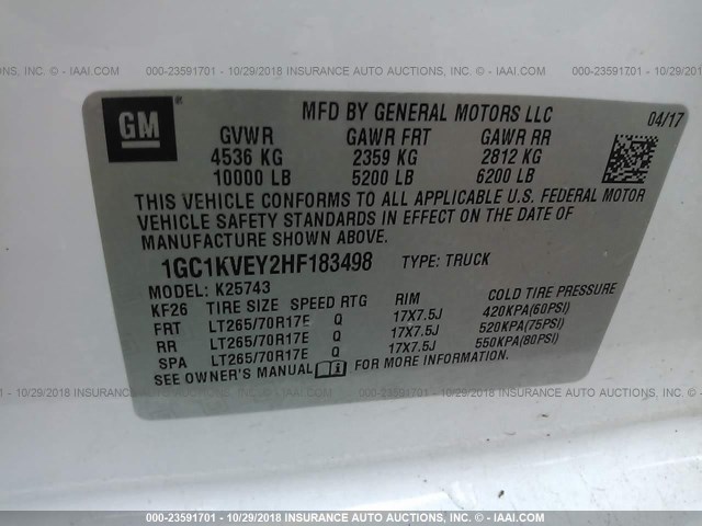 1GC1KVEY2HF183498 - 2017 CHEVROLET SILVERADO K2500 HEAVY DUTY LT WHITE photo 9