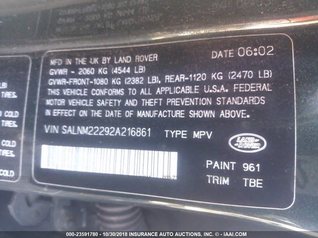 SALNM22292A216861 - 2002 LAND ROVER FREELANDER S GREEN photo 9