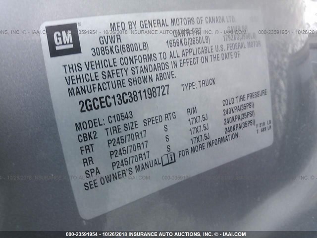 2GCEC13C381198727 - 2008 CHEVROLET SILVERADO C1500 GRAY photo 9