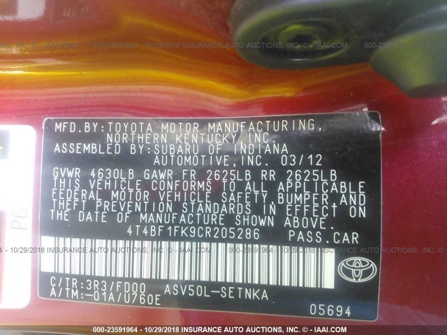 4T4BF1FK9CR205286 - 2012 TOYOTA CAMRY SE/LE/XLE RED photo 9