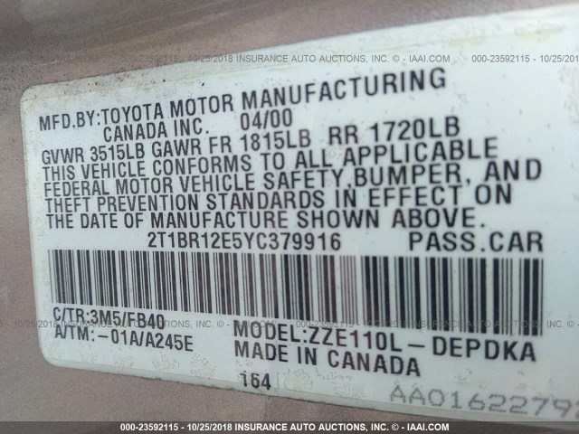 2T1BR12E5YC379916 - 2000 TOYOTA COROLLA VE/CE/LE 米色 照片 9