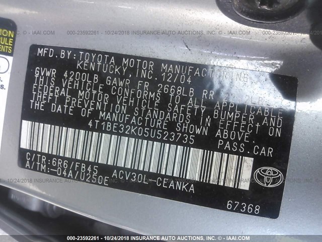 4T1BE32K05U523735 - 2005 TOYOTA CAMRY LE/XLE/SE SILVER photo 9