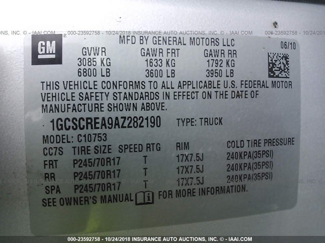 1GCSCREA9AZ282190 - 2010 CHEVROLET SILVERADO C1500  LS SILVER photo 9