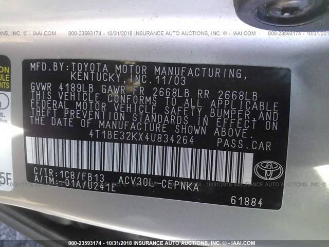 4T1BE32KX4U834264 - 2004 TOYOTA CAMRY LE/XLE/SE SILVER photo 9