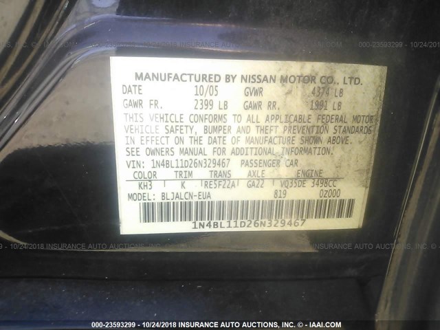 1N4BL11D26N329467 - 2006 NISSAN ALTIMA SE/SL/SE-R BLACK photo 9