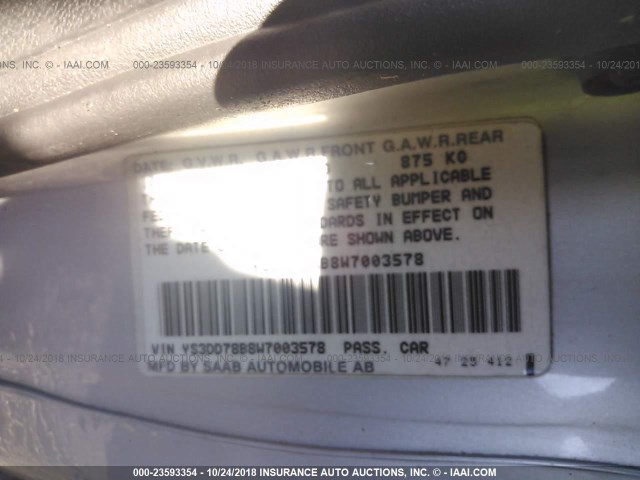 YS3DD78B8W7003578 - 1998 SAAB 900 S SILVER photo 9