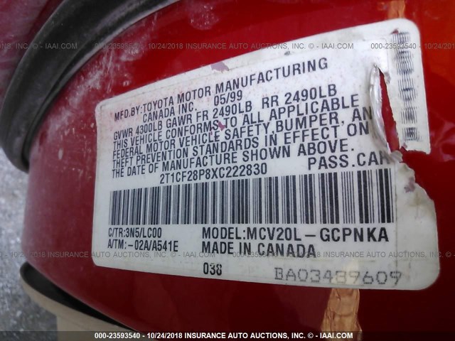 2T1CF28P8XC222830 - 1999 TOYOTA CAMRY SOLARA SE/SLE Qırmızı foto 9