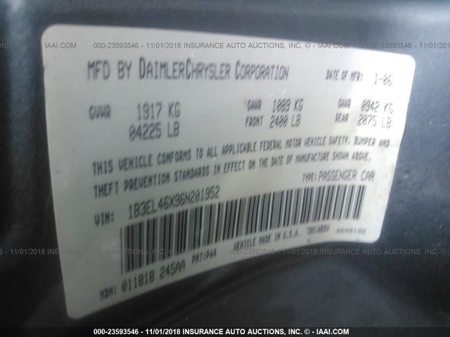 1B3EL46X96N201952 - 2006 DODGE STRATUS SXT GRAY photo 9