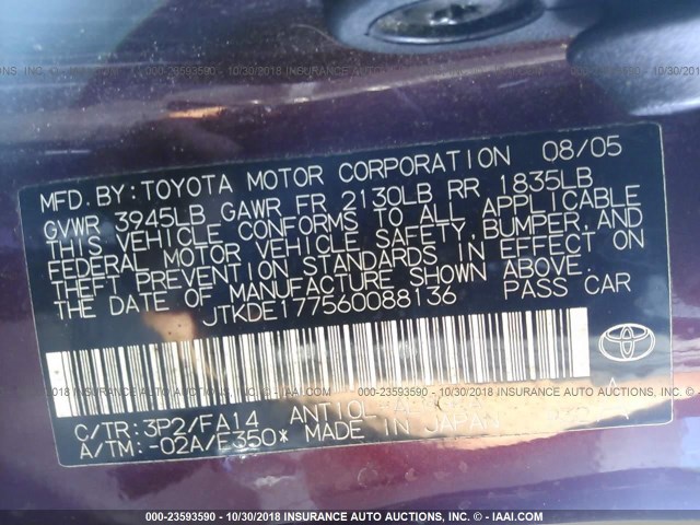 JTKDE177560088136 - 2006 TOYOTA SCION TC 勃艮第红 照片 9