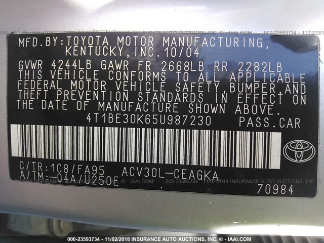 4T1BE30K65U987230 - 2005 TOYOTA CAMRY LE/XLE/SE SILVER photo 9
