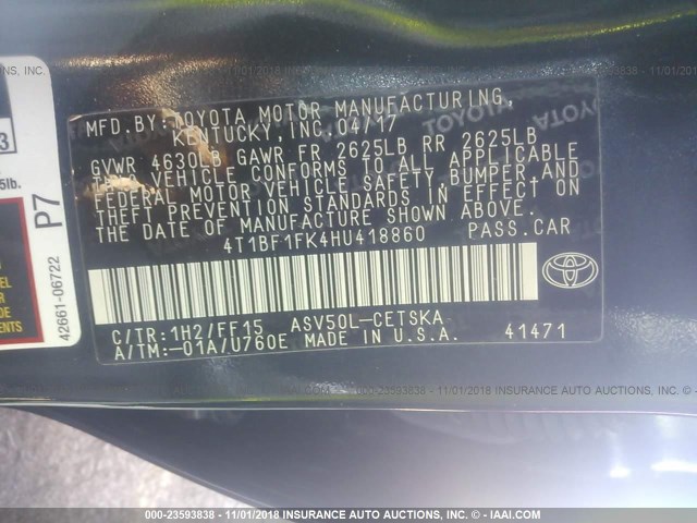 4T1BF1FK4HU418860 - 2017 TOYOTA CAMRY LE/XLE/SE/XSE BLUE photo 9