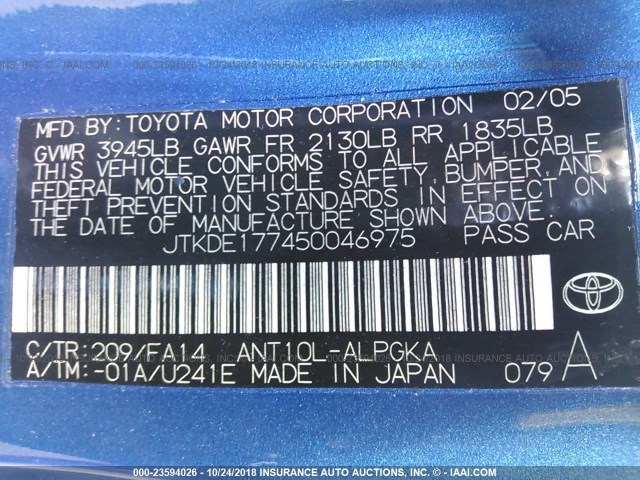 JTKDE177450046975 - 2005 TOYOTA SCION TC 蓝色 照片 9