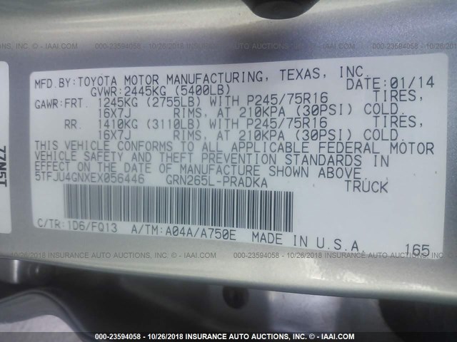 5TFJU4GNXEX056446 - 2014 TOYOTA TACOMA DOUBLE CAB PRERUNNER SILVER photo 9