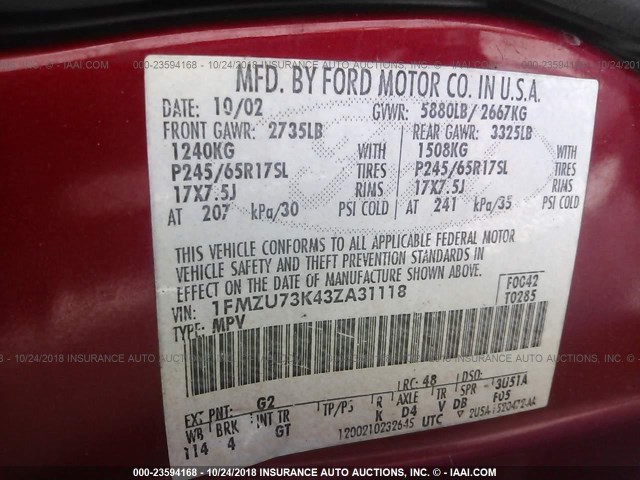 1FMZU73K43ZA31118 - 2003 FORD EXPLORER XLT/XLT SPORT/NBX 红色 照片 9