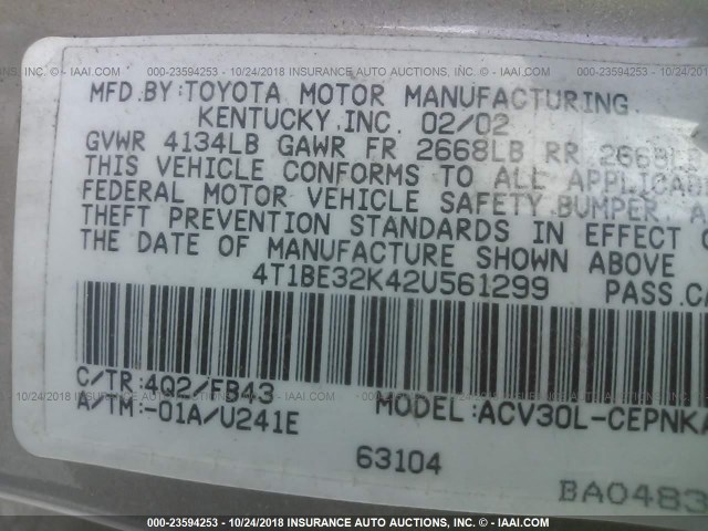 4T1BE32K42U561299 - 2002 TOYOTA CAMRY LE/XLE/SE BEIGE photo 9