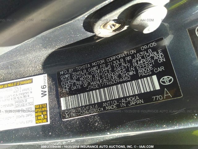 JTKDE177X60094482 - 2006 TOYOTA SCION TC 灰色 照片 9