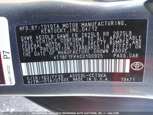 4T1BF1FK4CU100925 - 2012 TOYOTA CAMRY SE/LE/XLE GRAY photo 9