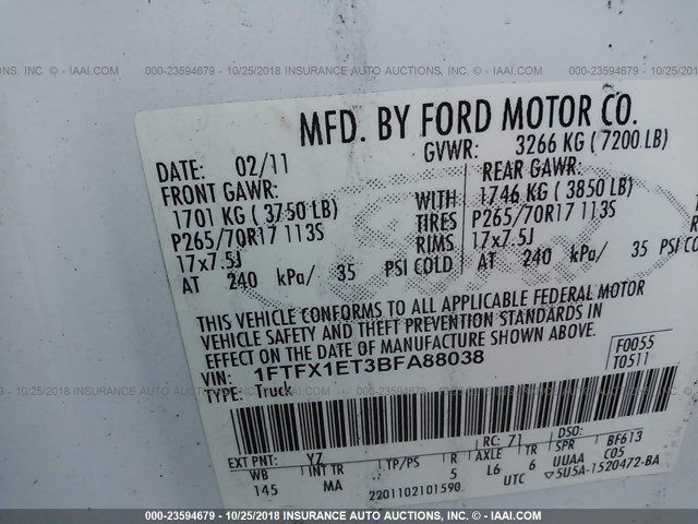 1FTFX1ET3BFA88038 - 2011 FORD F150 SUPER CAB WHITE photo 9