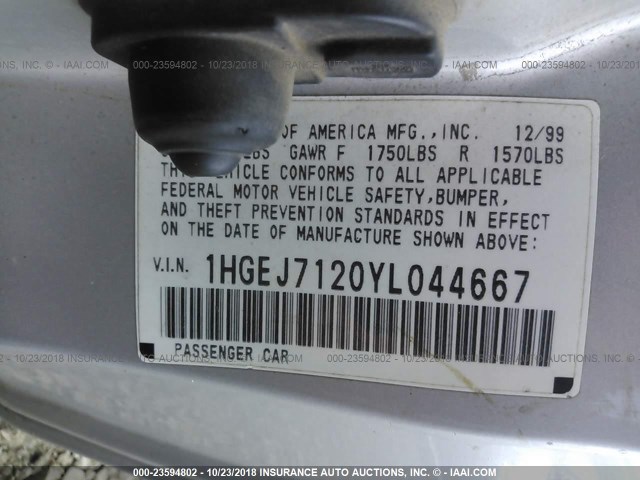 1HGEJ7120YL044667 - 2000 HONDA CIVIC HX SILVER photo 9