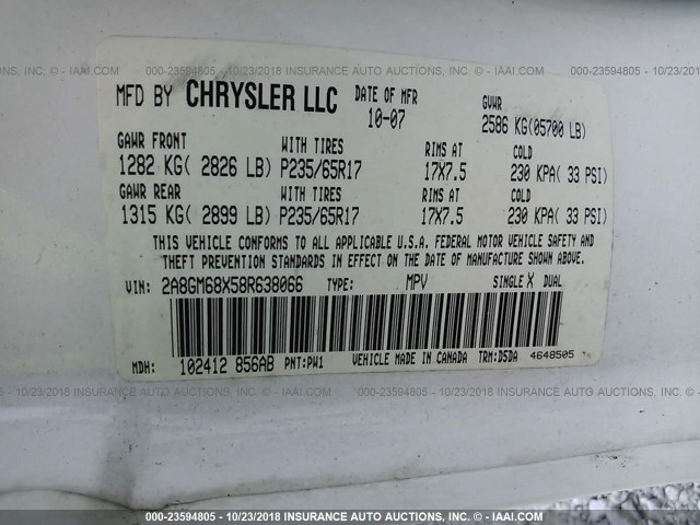 2A8GM68X58R638066 - 2008 CHRYSLER PACIFICA TOURING WHITE photo 9