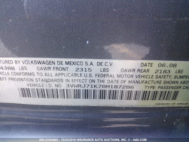 3VWRJ71K78M187286 - 2008 VOLKSWAGEN JETTA WOLFSBURG 灰色 照片 9
