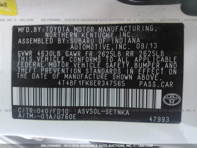 4T4BF1FK6ER347565 - 2014 TOYOTA CAMRY L/SE/LE/XLE 白色 照片 9