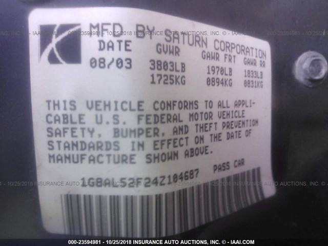 1G8AL52F24Z104687 - 2004 SATURN ION LEVEL 3 BLACK photo 9