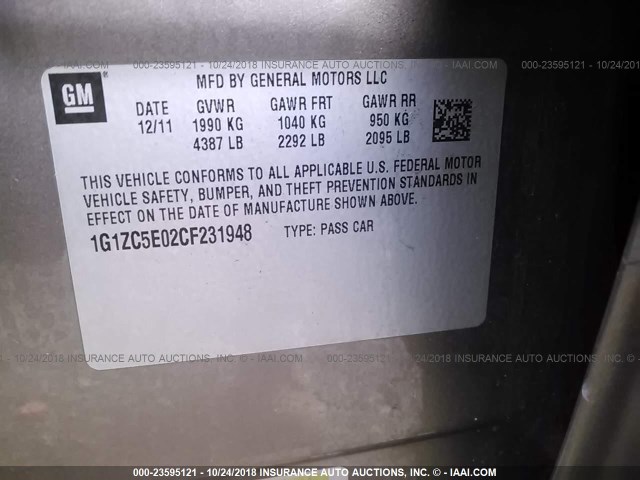 1G1ZC5E02CF231948 - 2012 CHEVROLET MALIBU 1LT BROWN photo 9