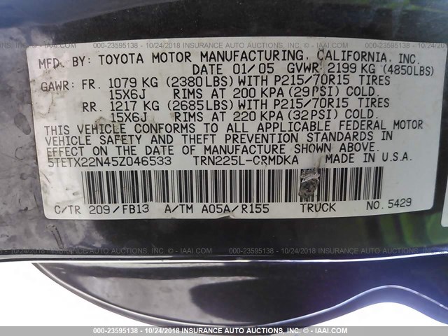 5TETX22N45Z046533 - 2005 TOYOTA TACOMA ACCESS CAB შავი ფოტო 9