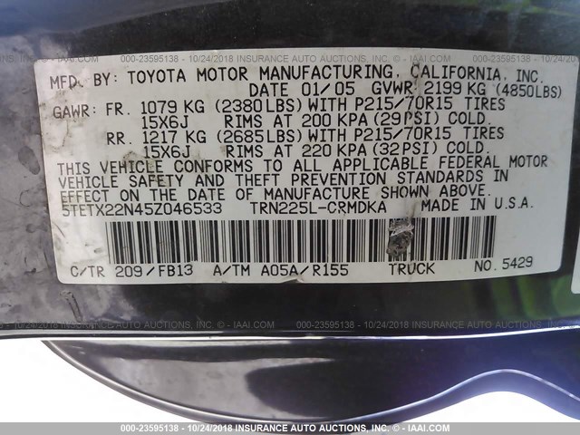 5TETX22N45Z046533 - 2005 TOYOTA TACOMA ACCESS CAB BLACK photo 9