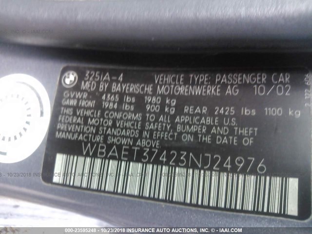 WBAET37423NJ24976 - 2003 BMW 325 I GRAY photo 9